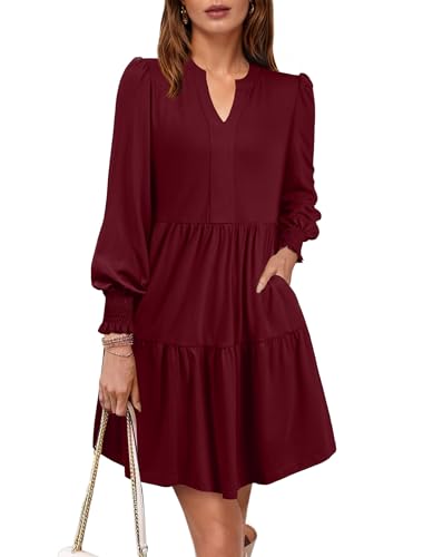 YZEGGO Spring Dresses for Women 2026 Casual V Neck Long Sleeve A Line Midi Dress Ruffle Flowy with Pockets (Wine, Large)
