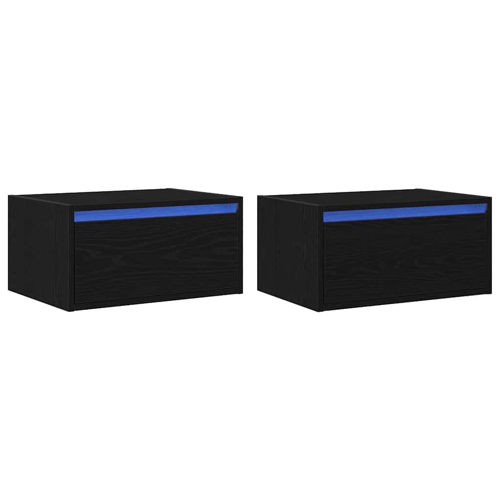 Naścienne stoliki nocne z oświetleniem LED, zestaw 2 szt., czarny wygląd dębu, pływające, materiał drewnopochodny, 51 x 35,5 x 25 cm, do sypialni, salonu