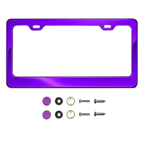 T304 Stainless Steel License Plate Frame 8K Mirror Polish Finish Rust-Resistant Slim Design Universal Fit Includes Screw Caps Washers & Stainless Steel Screws (Purple Chrome)