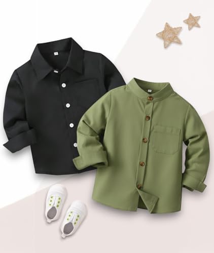 Image of Boys Shirt, Black and White Plaid and Light Blue Solid, Long Sleeve Button-Up, 2 Pack