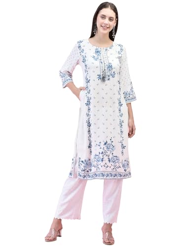 Image of Shree Women Liva (Rayon) White Floral Print Kurta