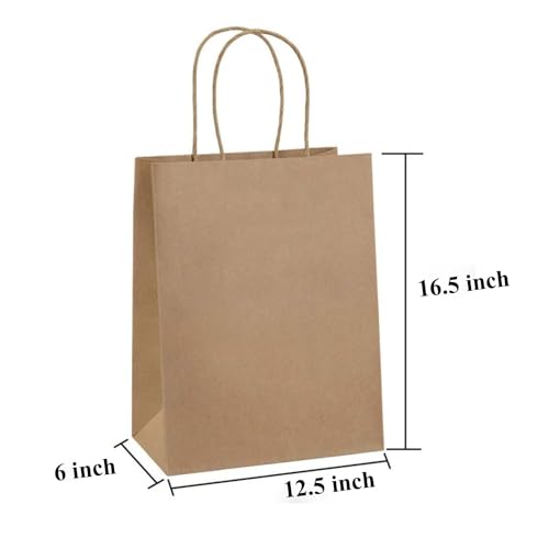 Image of Aakriti Craft Paper Bags, Rakhi Gift Bags with Handles, Small Craft Shopping Bags in Bulk for Boutiques, Small Business, Retail Stores, Gifts & Merchandise (BROWN-100PCS, LARGE-12.5 inch x 6 inch x 16.5 inch)
