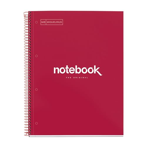 Miquelrius - Cuaderno A4, Notebook Emotions, 80 Hojas de 90 g/m², Rayado Horizontal 7 mm, 1 Franja de Color, Espiral Microperforado, Libreta Rayada, Tapa Extra Rígida, 4 Taladros, Rojo