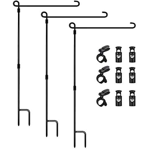 HOOSUN Garden Flag Stand, Premium Garden Flag Pole Holder Metal Powder-Coated Weather-Proof Paint with one Tiger Clip and two Spring Stoppers without flag (3 Pack) Cover