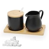 Yuragim Milch und Zucker Set mit Deckel und Löffel, 5-teilig Keramik Milchkännchen und Zuckerdose mit Holz Tablet,Milch- & Zuckerbehälter für Küche Kaffee Mikrowellen- und Spülmaschinenfest (Schwarz)