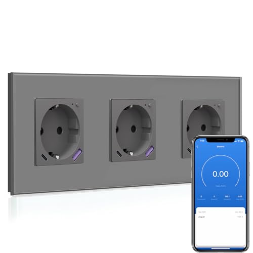 BSEED Enchufe Inteligente con Cargador Rápido USB C 20W, Toma de Corriente Inteligente Eempotrada con Medición de Corriente Funciona con Alexa/Google Home, Enchufe con Smart Life App,3 Gang Gris