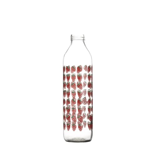 Image of SAND DUNE Set of 6, 800 ml Each Fresh Strawberry Printed Glass water bottle, with Leak-Proof Airtight Stainless-Steel Lid for Water, Smoothie, Juices - Reusable Travel Glass Drinking Fridge Bottles