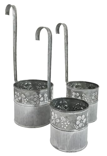 zeitzone 3er Set Hängender Blumentopf Zink Vintage-Stil mit Haken Balkon Hängetopf Grau
