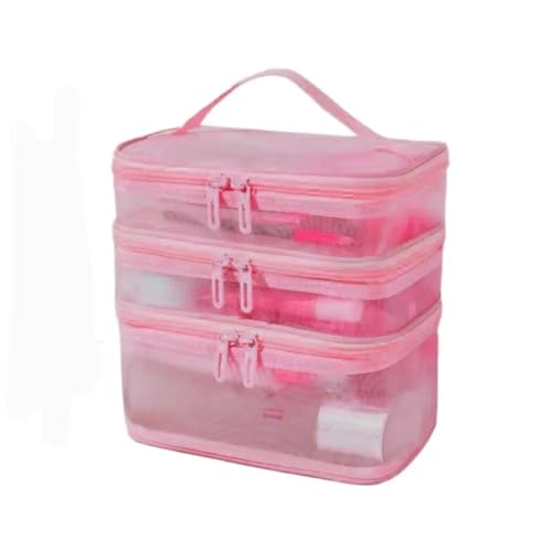 Organisateur de maquillage 3 couches avec compartiments en maille rose pour cosmétiques