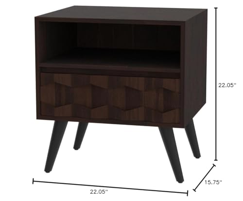 Image of Bme Georgina Solid Wood Nightstand With 1 Drawer & Open Shelf- Fully Assembled Mid Century Modern Side Table - Geometric Pattern Bedside Dresser for Bedroom and Living Room