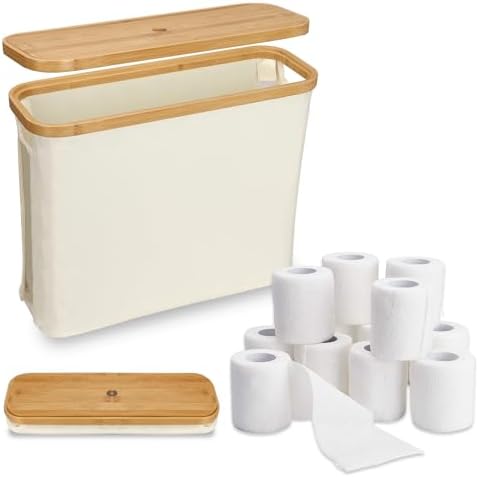 Stylish Toilet Paper Storage Basket with Wooden Lid, Holds 9-12 R...
