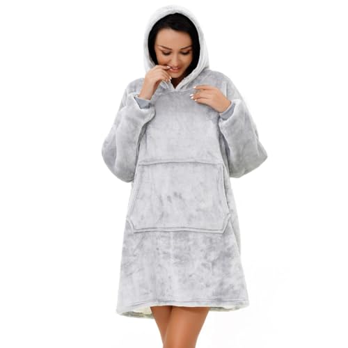 Image of Sherpa Adult Hoodie Silver Blankets, Velvet Touch Fabric With Ultra Soft Sherpa Fleece lining, Oversized Soft And Cosy