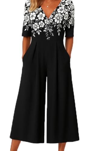 Kubsid Womens Jumpsuits Dressy Summer Casual Boho Floral Short Sleeve Jumpsuit Fashion V Neck Wide Leg Loose Flowy One Piece Bodysuit Size S Black Floral