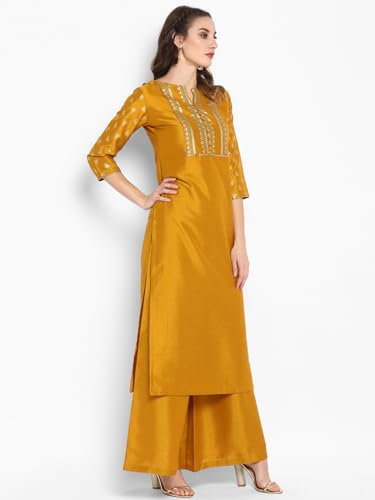 Image of Janasya Women's Silk Blend Tie & Dye Yoke Embroidered Straight Kurta Pant Set
