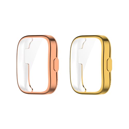 LICHIFIT Amazfit Bip 5用保護ケース カバー PCフレーム 強化ガラスフィルム 一体化 スマートウォッチカバー 脱着簡単 耐衝撃 傷防止軽量 充電対応 おしゃれ (ローズゴールド+ゴールド)