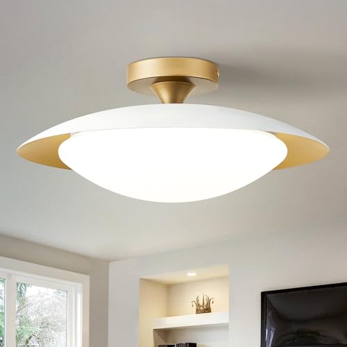 Dimmable Mid Century Modern Semi Flush Mount Ceiling Light with Acrylic Shade,White Gold LED Ceiling Light,5CCT 2700K-6000K Light Fxiture for Hallway Bedroom Kitchen Laundry Room Living Room 15.7 in