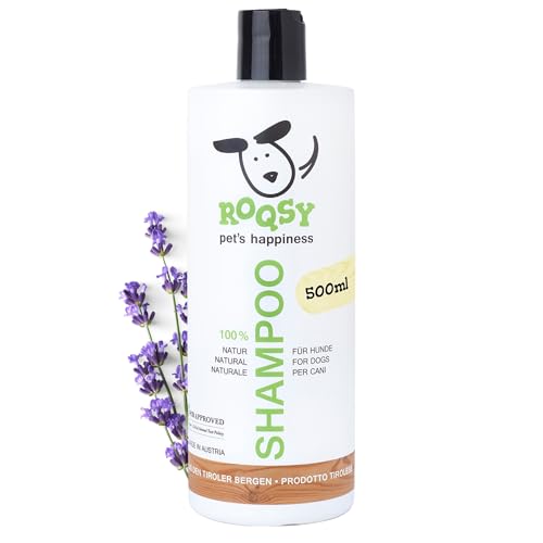 ROQSY Natur-Hundeshampoo 500ml – Vegan, Bio – Hundeshampoo für große Hunde, Langhaar, Sensible Haut, gegen Geruch und für EIN sauberes, glänzendes Fell - auch weißes Fell