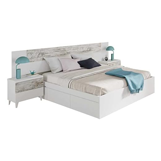 Cabezal y 2 Mesitas de Noche, Cabecero y Mesitas, Modelo Vintage, Acabado en Blanco Artik y Vintage, Medidas: 247 cm (Ancho) x 100 cm (Alto) x 34 cm (Fondo)