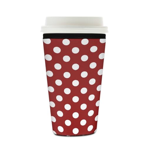Myfsucce Funda reutilizable de neopreno para taza de café, con estampado de lunares blancos burdeos, 2 mm de grosor, tamaño de 16 a 18 onzas