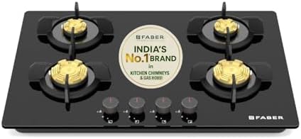 Faber 4 Burner 78Cm HOB |Auto Ignition| HOB PRIME HT784 CRS BR CI AI |Metal Knobs| Cast Iron Pan Support|HOB/Cooktop Hybrid|Black Glass Finish |5 Yrs Warranty On Glass,Valve & 2 Yrs On Burner