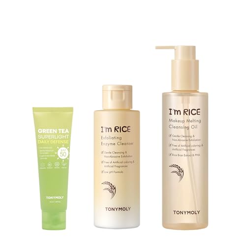 Bundle of TONYMOLY I’m Rice Makeup Melting Cleansing Oil + Green Tea Korean Sunscreen for Face, Travel Size Sunscreen SPF 50 + I'm Rice Exfoliating Enzyme Cleanser, Rice Powder Face Wash
