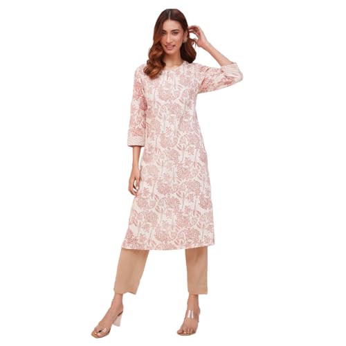 Fabindia Women's Cotton Printed Regular Kurta (1035798Natural- Off White-Red