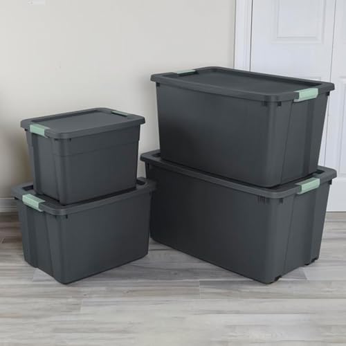Image of Sterilite 6-Pack Latch Tote, Stackable Plastic Storage Bin Containers, 20 Gallon, Gray /Green - Large Organizer Boxes with Lids for Closet, Bedroom, Tool, and Laundry Organization