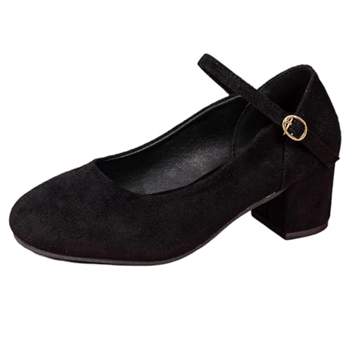 Generisch Bailarina Mary-Jane para mujer con correa en el tobillo y tacón en bloque - Zapato plano con puntera redonda | look femenino diario para oficina y ocio, Estilo M02 Negro, 38 EU