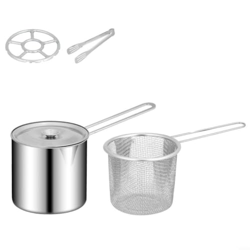 MIKMLYZE Olla freidora de acero inoxidable 304 con cesta coladora y tapa de vidrio, para estufas halógenas de inducción de gas, cacerola de leche con mango de madera para cocinar fideos, 12 cm (B)