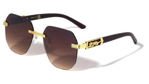 Dweebzilla Rimless Faux Wood Metal Jaguar Cutout Accent Pilot Aviator Sunglasses