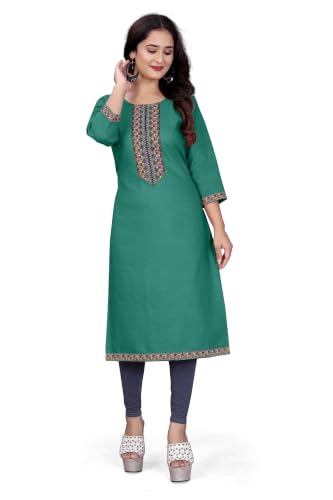 Image of Women A-line Cotton Blend Round Neck 3 /4 Sleeve Embroidered Kurti Only