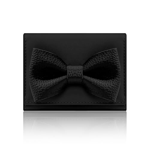 Small Wallets Woman, Cute Tri-fold Ladies Coquette Wallet for Women, Black Bow Credit Card Coin Holder Purse with ID Window for Cash Key Change (Black)