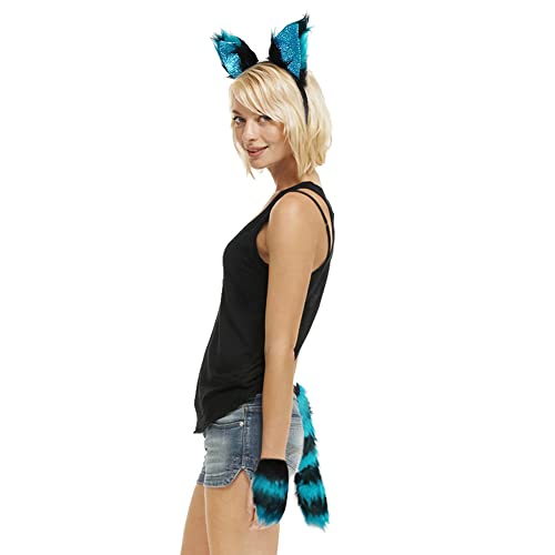 Fluffy Fox Cat Ears Headband Tail and Gloves Set Faux Fur Wolf Fox Cosplay Costume Animal Ears Headwear Long Tail Cat Paw Gloves Dress Up Kit for Halloween Role Play Fancy Dress Party Accessory - Image 2