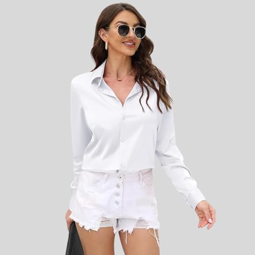 Image of IndoPrimo Women's Satin Shirt with Spread Collar Neck Line Solid Pattern Full Sleeves Regular Fit Western Style and Standard Length
