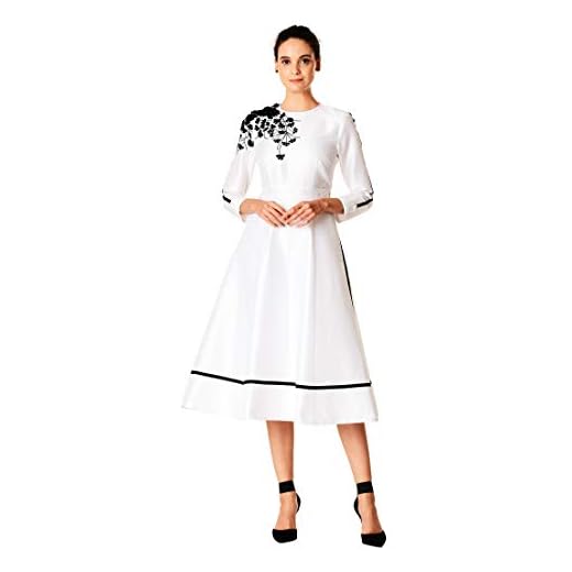 eShakti FX Floral Graphic Embellished Dupioni Dress S-4 White/Black