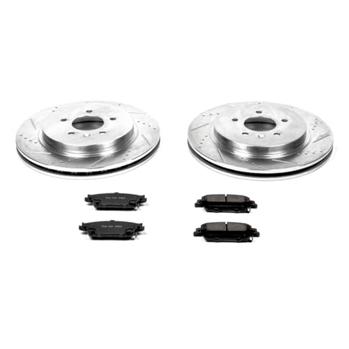 Image of PowerStop Rear Brake Kit for Cadillac CTS 2006-07 | Cadillac STS 2005-11 - Drilled and Slotted Disc Rotors with Carbon-Fiber Ceramic Brake Pads Replacement, K2958