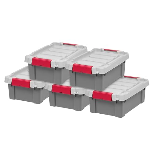 IRIS USA 3 Gallon Lockable Storage Totes with Lids, 5 Pack, Heavy-Duty Durable Stackable Containers, Large Garage Organizing Bins Moving Tubs, Rugged Sturdy Equipment Utility Tool Box, Gray