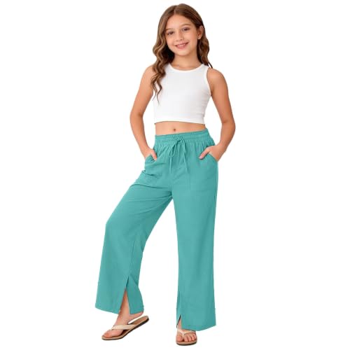 Image of Girls Linen Pants Wide Leg School Uniform Pants Cozy Elastic Waist Summer Casual Beach Lounge Trousers with Pockets