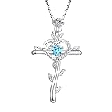 starchenie Cross Necklace 925 Sterling Silver Heart Birthstone Rose Crucifix Aquamarine Zirconia Pendant Jewelry Gift for Women