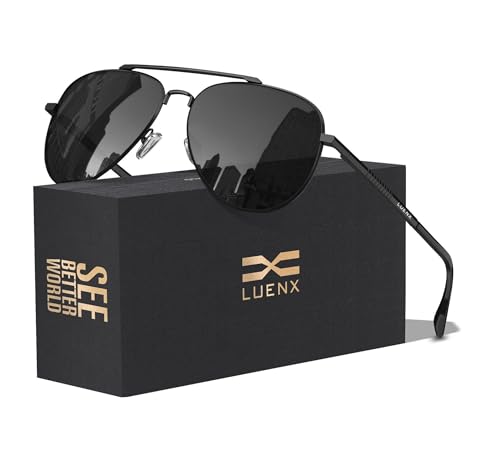 LUENX Aviator Sunglasses for Men Womens Polarized Driving Shades Black Lens Black Metal...