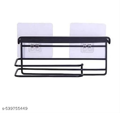 2 PIS Set No Drill Self Adhesive Toilet Paper Holder/Tissue Paper Roll Holder with Mobile Stand/Towel Holder/Bathroom Accessories (Black, Pack of 2) 2PIS (Mobile+Tissue) / 515_PE2188 3