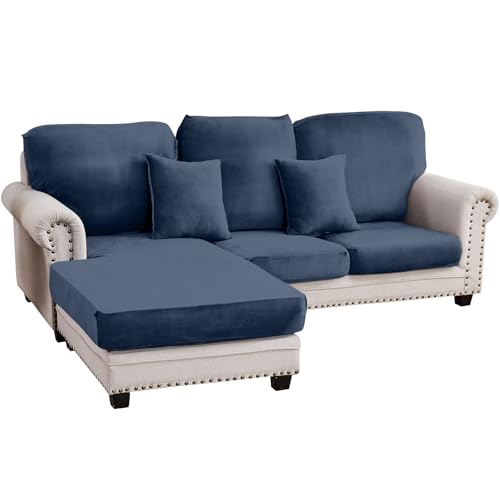 Image of Couch Cover 3-Piece Elastic Velvet Couch Cushion Covers & Chaise Slipcovers for L-Shaped Sofas, Sofa Seat Covers Washable, Soft Cover for Couches (2 Seater + Chaise, Berlin Blue)