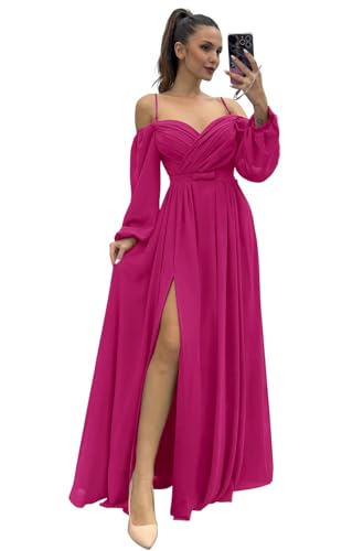 YUAOHUANG Women's Off The Shoulder Long Sleeve Chiffon Bridesmaid Dresses Long Slit Spaghetti Strap Formal Party Dress