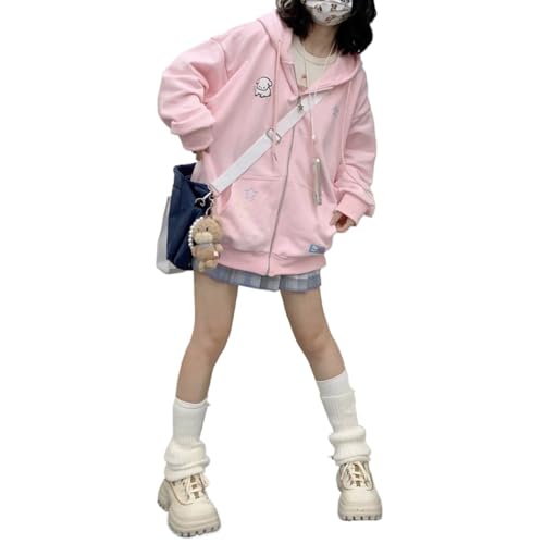 Best Rose Kawaii Hoodie Star Dog Embroidered Sweatshirt Cute Oversized Hoodie Fleece Lined Hoodie Zip Up Zipped Hoodie, Pink, Small