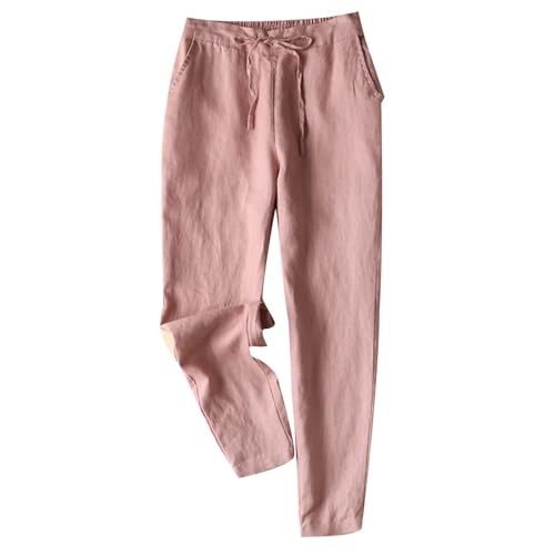 Womens Linen Pants Summer Drawstring Soft Cropped Linen Cotton Pants Elastic Waist Cotton Pants with Pockets3