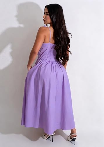 Image of YUEWOO Midi Dresses for Women Casual Summer Sundresses Vacation Outfits Spaghetti Strap Smocked Women Maxi Dress with Pockets