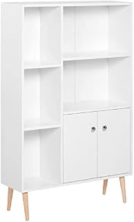 HOMCOM Open Bookcase Storage Cabinet Shelves Unit Free Standing w/ Two Doors Wooden Display White