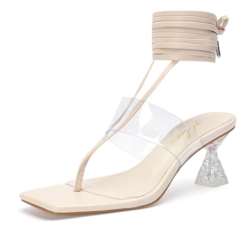 geluboao Women's Nude Sandals Thong Strappy Lace Up Heels for Women Open Square Toe Clear Chunky Heel Flip Flop Sexy Fashion Comfort Dress Shoes Party Tie Up Heeled Sandals 9