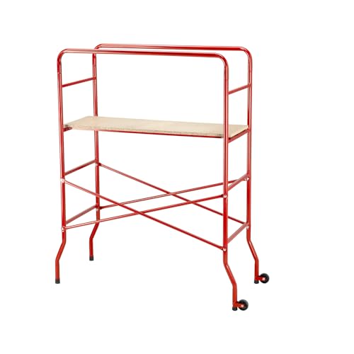 Trabattello con Ponteggio e 2 Ruote Ideale per Bricolage e Pittura- Portata 100 kg Struttura in Acciaio Verniciato Piano di Lavoro in Truciolare 143x56x180 cm