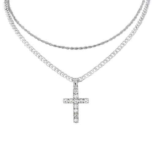 EEJBYTDI Collar de doble cruz, colgante de cruz en capas para mujer, colgante de cruz cristiana de acero inoxidable, collar de cruz de circonita pavimentada (silver)